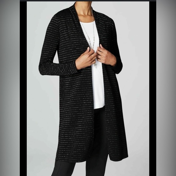 J.Jill Luxurious Wearever Ottoman-Knit Open-Front Cardigan Duster Black/Silver M - Picture 2 of 13